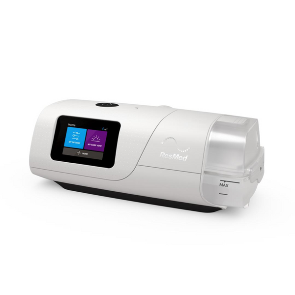 Resmed AirCurve 11 VAuto device with integrated humidifier, angled front view on a white background