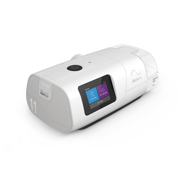 Resmed AirCurve 11 VAuto device showing the touchscreen and VAuto side panel, angled view on a white background