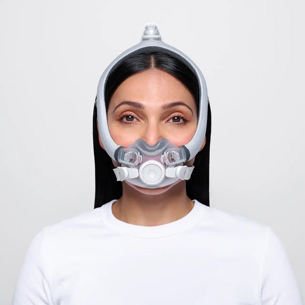 A woman wearing the F30i mask, she is wearing a white shirt in front of a white background